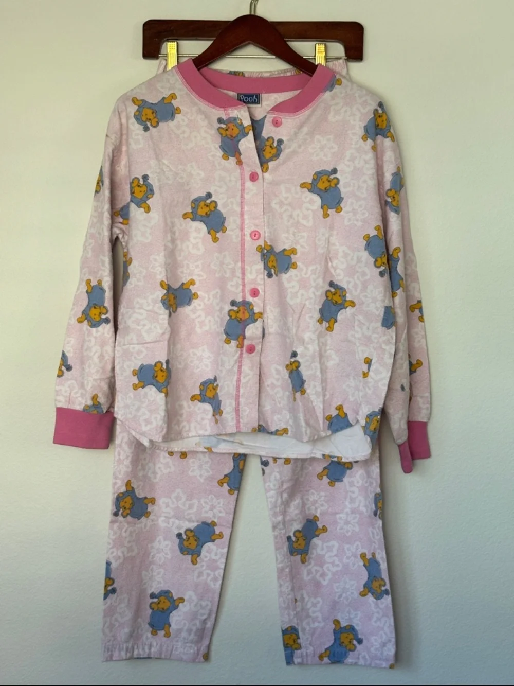 VTG Pooh Disney Pink Pajama Set - Soft Button-Up Top & Pants 100% Cotton - Picture 1 of 12